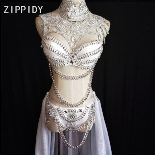 Glisten Silver Rhinestones Bra Short Long Tail Wear Sexy Crystals Bikini Set Evening Party Female Singer Dance Show Outfit Set