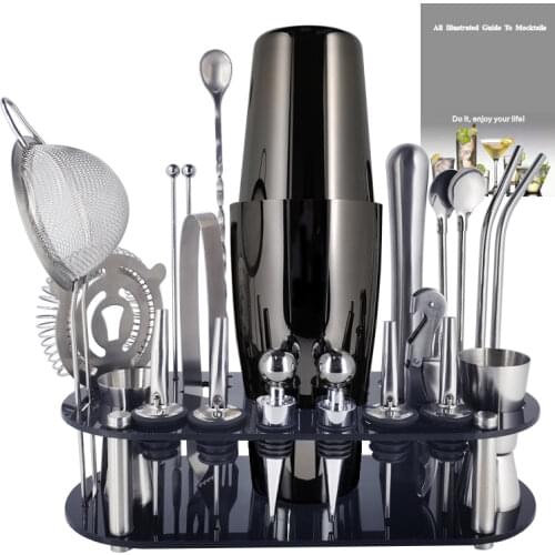 1-22Pcs Boston Cocktail Shaker Bar Tools Wine Mixer Set Bartender Cocktail Shaker Tool Kit Pourer Jigger Muddler with Holder