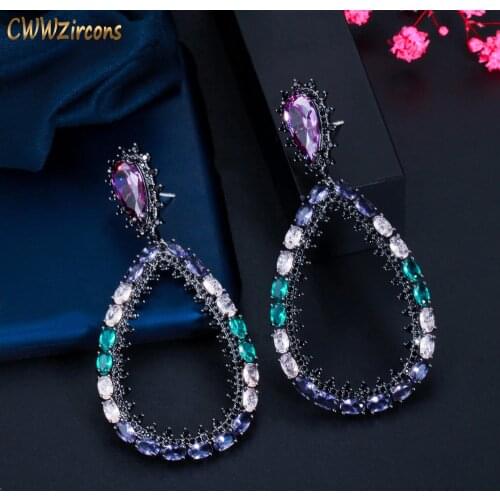CWWZircons Colored Luxury Big Statement Long Drop Earrings for Women Brazilian Black Gold CZ Crystal Party Wedding Jewelry CZ860