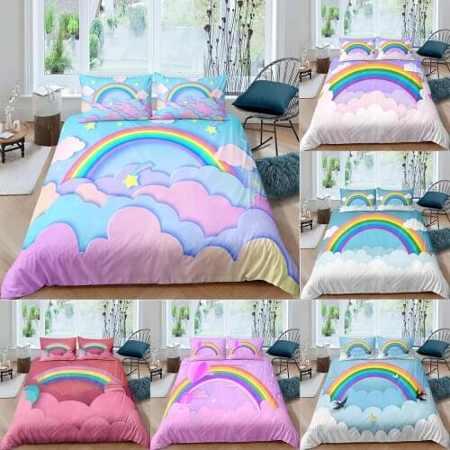 Cartoon Cute Rainbow Bedding Set for Kids Children Colorful Pattern Duvet Cover Set Pillowcase Single Double Queen King Size