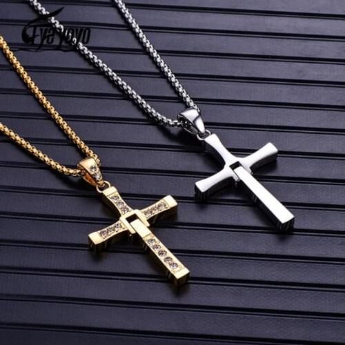 EyeYoYo Fast and Furious Cross Necklace Dominic Toretto Cross Rhinestone Pendant Necklace Stainless Steel Necklace for Men Women