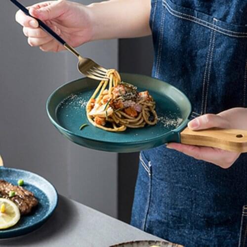 FANCITY Ceramic Western Food Handle Plate Japanese Simple Home Creative Baking Shallow Plate Breakfast Pasta Pizza Steak Plate