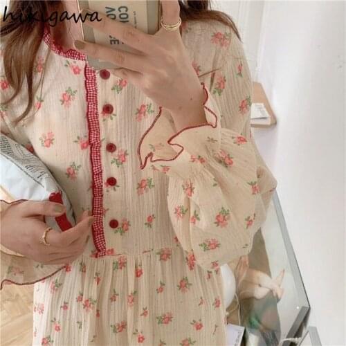 Hikigawa Korean Floral Pajamas Nightdress Long-sleeve Loose O Neck Robe 2021 Autumn Sweet Simple Style Long Pajamas for Women