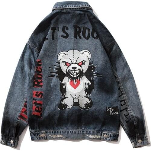 2021 Graffiti Cartton Bear Jeans Jacekt Men and Women Lapel Washed Retro Oversize Denim Coat Windbreaker Hip Hop Bomber Jacekts