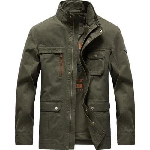 Men Jacket Solid Color Stand Collar Men Multi Pockets Zipper Skin-friendly Coat Loose Multi Pockets Zipper Coat Casual Jacket