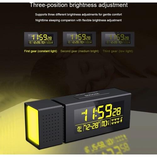 Night Light LED Display Digital Clock Motion Sensor 7 Color Dimmable USB/Battery 6 Settings with Snooze Temp/RH Monitor FM Radio