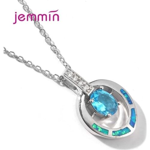 100% Genuine 925 Sterling Silver Pendant Necklaces with Blue Fire Opal Cubic Zircon Collar Decoration Jewelry for Girlfriend