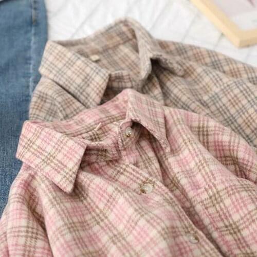 New Arrival Woolen Thick Women Vintage Plaid Shirt Long Sleeve Turn Down Collar Korean Blouse Spring Fall Bf Jacket Casual Tops