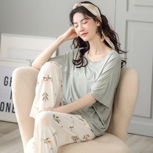 Fresh Floral Sleepwear Women New Large Size Modal Pajamas Set Half Sleeve Trousers Two Piece Suit Loose Night Pijamas Female