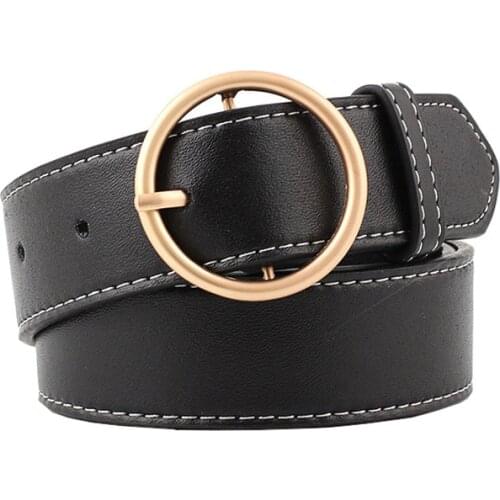 90-110x3.3cm Womens Belts Fashion Lady Design Gold Metal Round Buckle Belt Black Silver Strap Waist Belt For Women Jeans Cintos