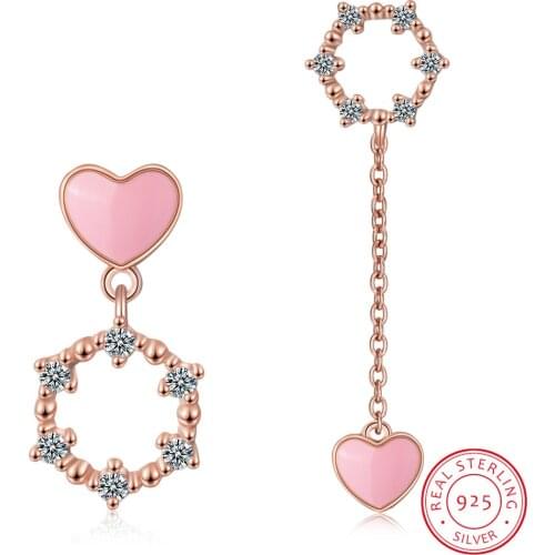 Pink Love Heart Asymmetrical Earrings Geometric Zirconia Long Tassel 925 Sterling Silver Earrings Oorbellen S-e783