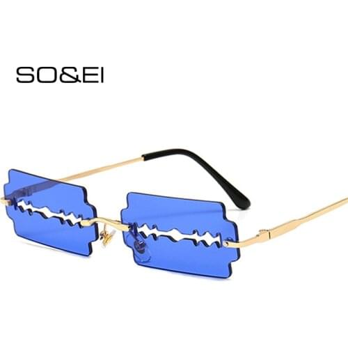 SO&EI Vintage Unique Rectangle Hollow Rimless Sunglasses Women Clear Ocean Lens Eyewear Brand Designer Retro Female Sun Glasses