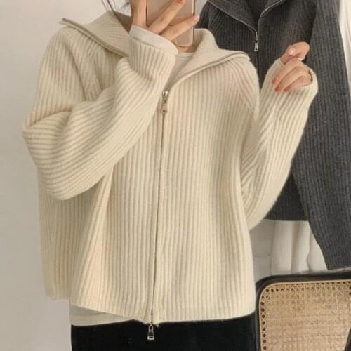 Vintage Knitted Cardigan Harajuku Sweaters for Women Fall 2021 Fashion Double Zipper Oversized Jacket Black Beige Coats