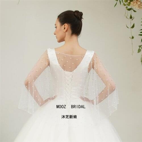 2021 Wedding Accessories Pearls Pencil Edge Cape Short Front Long Back Women Soft Tulle Wedding Shawl