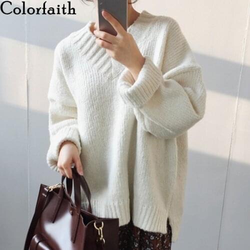 Colorfaith New 2020 Womens Autumn Winter Knitwear V-Neck Warm Pullover Solid Oversize Split Minimalist Elegant Jumpers SW18159