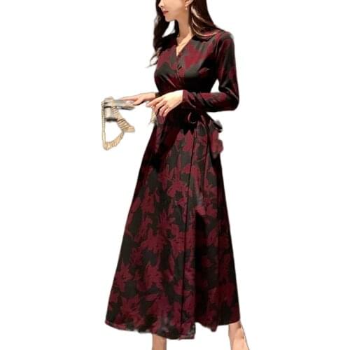 CINESSD Sexy Long Maxi Dress For Women elegant Flower Print Dresses Long Sleeve V Neck empire Wedding guest Robe Vestidos