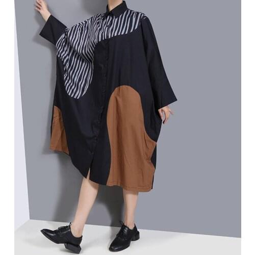 Johnature Fashion Batwing Autumn New Patchwork Shirt Dresses 2021 Casual Turn-down Collar Loose Button Women Dress