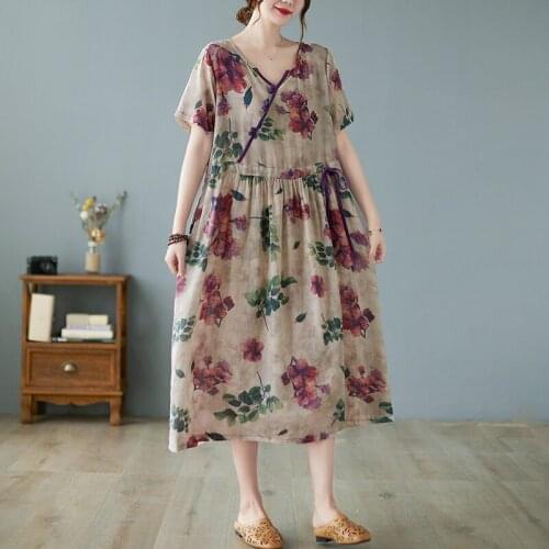 2021 New Arrival Thin Soft Cotton Linen Loose Summer Dress Print Floral Draw String Office Lady Work Dress Women Casual Dress