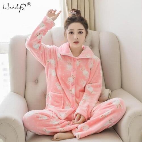 Winter Pajamas Set Women Two Piece Flannel Thick Warm Top and Pants Pajamas Sets Cute Animal Kawaii Pajama Sleepwear Pajama Suit