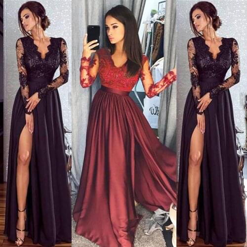 2021 Women Sexy Deep V Lace Dress Lace Party Prom Dress Formal Wedding Long Dress Elegant Pure Red Black Skirt