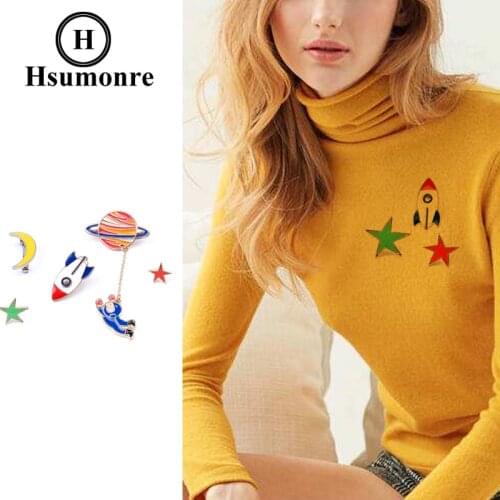 Star Cartoon Cute Brooches Spacecraft Moon Astronaut Lapel Pins Colorful Enamel Plants Denim Shirt Pin Badge Jewelry 5pcs/set
