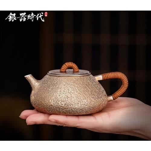 Ag999 Sterling Silver Teapot Hand-Forged Kitchen Utensils Built-in Filter Handmade Coffee Tea Pot
