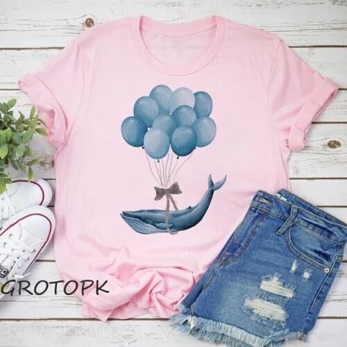 Blue Whale With Balloons Fashion Tshirt Women Tshirts Short Sleeve Women T-Shirts Women Clothing Harajuku Funny T Shirt