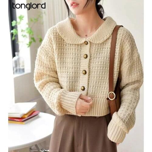 Korea Chic Single-Breasted Cute Sweaters For Autumn Long Sleeve Doll Collar Knitting Cardigan Women Loose Knitted Top Outwear