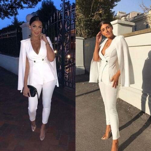 White Formal Pant Suits Womens Cape Blazer Double Breasted Mother of the Bride Dresses Party Evening Suits Sets 3 Pieces