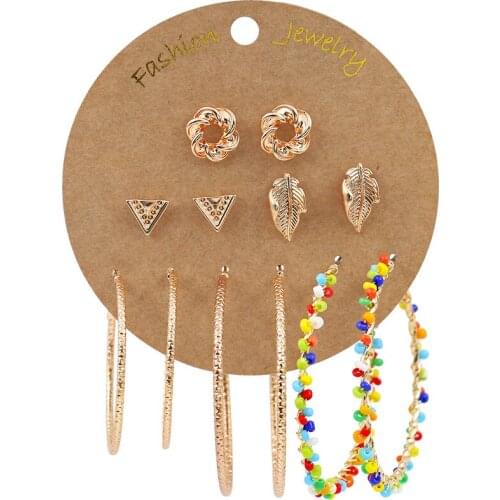 Earrings Set Beads Bowknot Flower Vintage Ear Rings Female Statement Jewelry Women Bohemian Gold Color Ethnic Tassel large Hoop