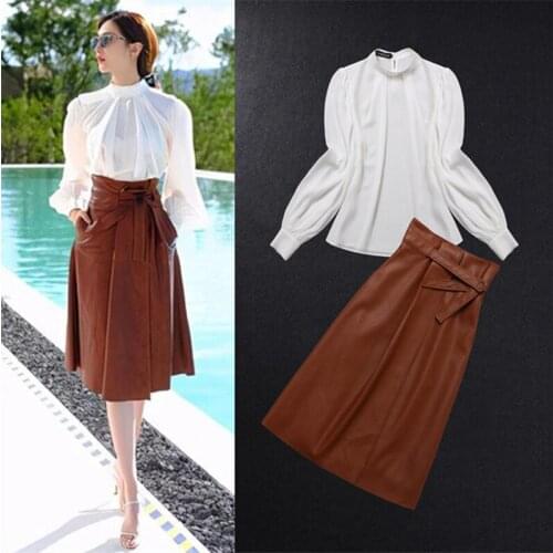 PU Chiffon shirt high waist pleated skirt suit Qiu 6231