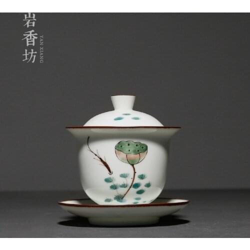 Hand Painted Ceramic Lotus Gaiwan Chinese Kung Fu Tea Tureen Pigmented Retro Tea Service Designer Fish Teaware Gift For Friend
