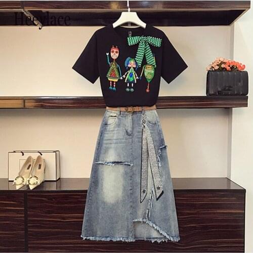 Plus size Two piece Denim Skirt Set Women Summer Sequin Embroidery Bowknot Short Sleeve Tshirt + Ribbon bow irregular Skirt Suit