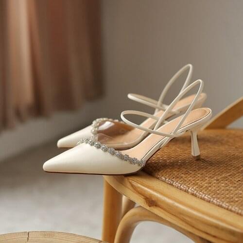 SKLFGXZY New Arrival French Genuine Leather Women Sandals High Heels Diamond Wedding Party Shoes 100% Cowhide Sandals Pumps