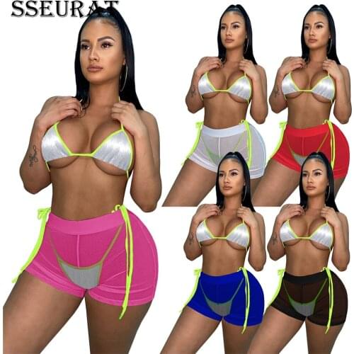 SSEURAT Women Sexy Bikinis 3 Piece Set Wire Free Halter Tops Drawstring Underpants Mesh See-through Elastic Shorts Swimsuits