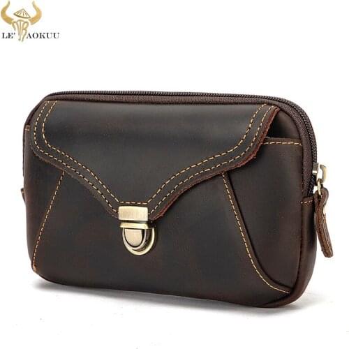 New Vintage Thick Real Leather Small Summer Pouch Hook Design Waist Pack Cigarette Case 6" Phone Pouch Fanny Waist Belt Bag 2016