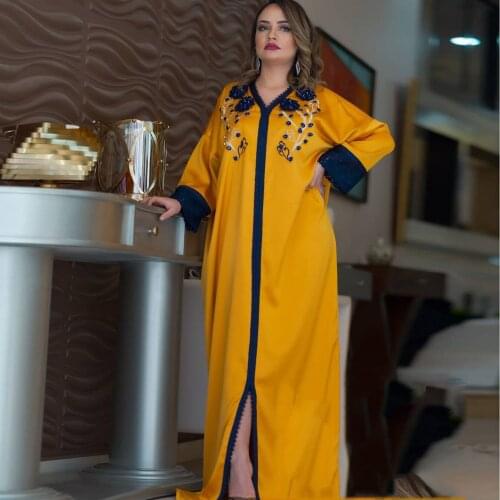 Yellow Simple Moroccan Caftan Evening Dress V-Neck Floor Length Summer Dress Dubai Muslim Prom Dresses Plus Size Custom Made