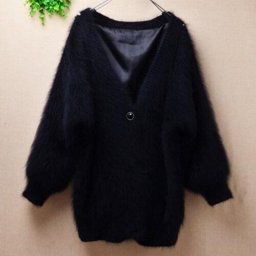 Ladies women fashion thick V-neck mink cashmere loose long batwing sleeves cardigans angora fur jacket coat fall winter sweater