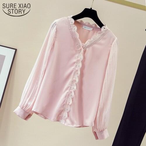 Autumn Korean Style Lace Ruffled V-neck Womans Shirts New Lace Womens Chiffon Blosue Pleated Puff Long Sleeve BLUSAS 11161