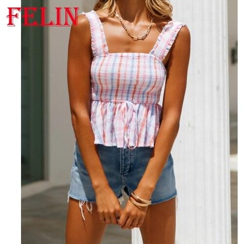 FELIN Za 2021 Fashion Women Chic Summer Cropped Tops Sleeveless Plaid Ruffle Sling Top Short Blouse Summer Tops