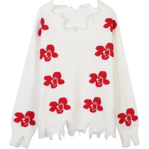 Womens Early Autumn New Long Sleeve Knitted Sweater Fringed Frayed Hole Pullover V-Neck Floral Loose Sweater 2021