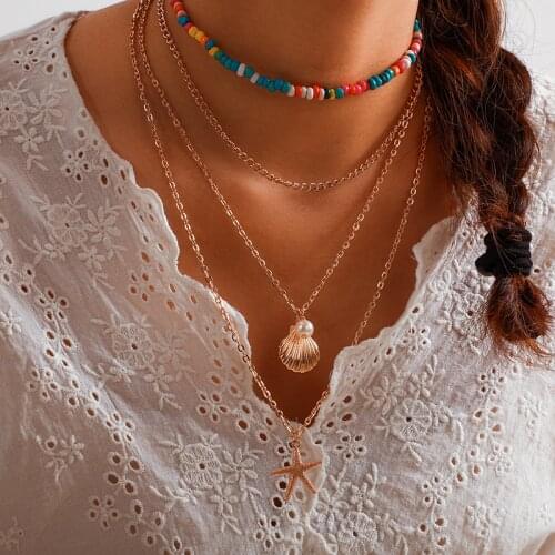 Tocona Colorful Beaded Starfish Pendant Neckalce for Women Gold Alloy Metal Shell Multi-layer Adjustable Bohemian Jewelry 8556