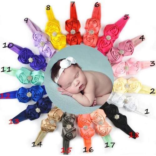 18pcs/lot Elastic Headband with Double Satin Rosettes Dotted with Rhinestone Button Girl Headwear Decoration FDA205