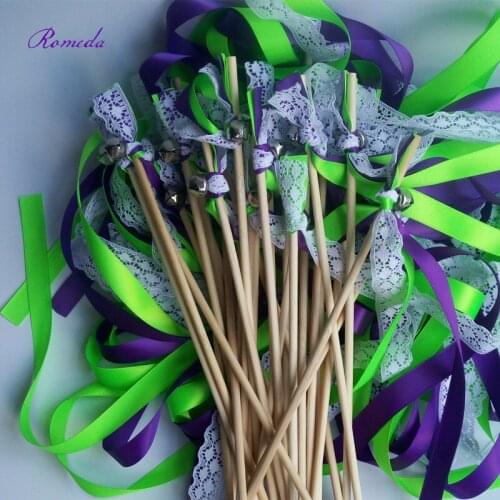 50pcs/lot purple Fluorescent green stain ribbon Wedding Ribbon Wands With lace and Bell Twirling Streamers