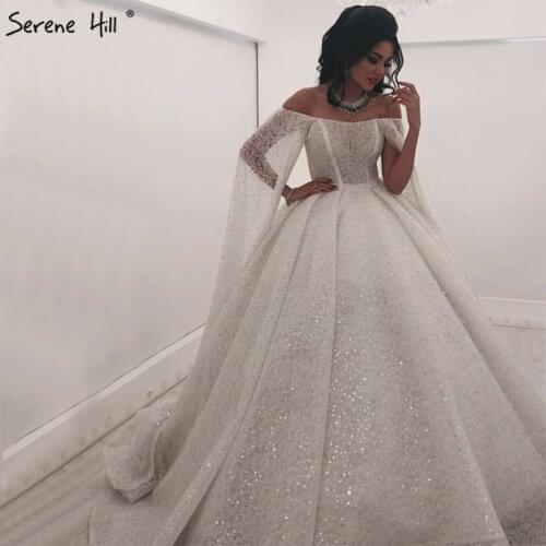 White Off Shoulder Luxury Dubai Wedding Dresses Design 2020 Vintage Sleeveless Shawl Yarn Sexy Bridal Wedding Gown BHA2196
