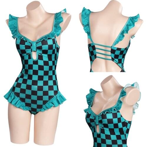 Anime Demon Slayer Kamado Tanjirou Print Bodysuit Bathing Suit Women Swimsuit Female Bikini One Piece Set