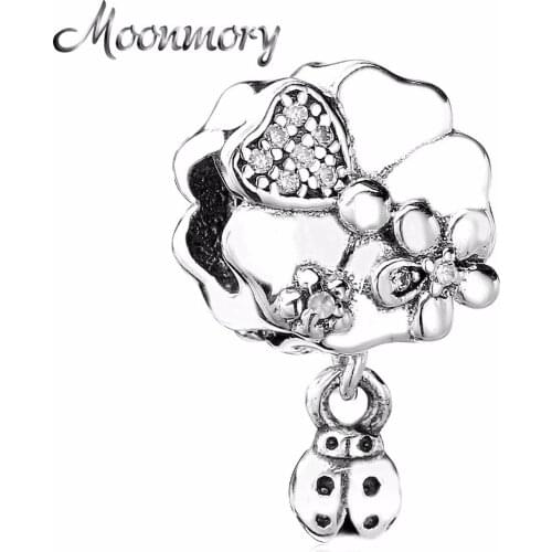 Moonmory Real 925 Sterling Silver Ladybug Meadow Wildflower with Clear Crystal Beads Fit Charm Bracelets DIY Fashion Jewelry