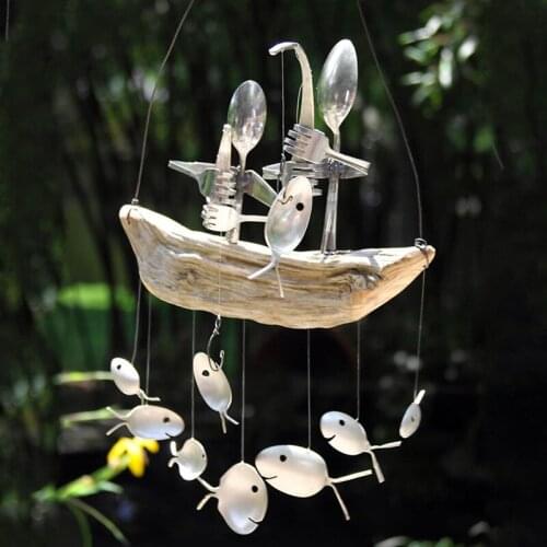 Art Angler Wind Chimes Wooden Boat Fishing Spoon Head Bell One, Two, Three Hanging Outdoor Garden Balcony Decoration Wind Chimes