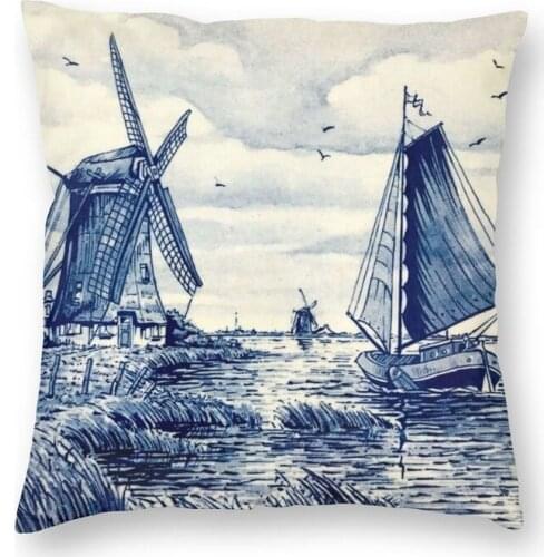 Dutch Blue Delft Vintage Sailboat Windmills Square Pillow Case Home Decor Cushion Cover Throw Pillow for Car Double-sided