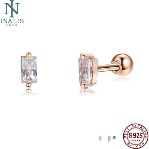INALIS 925 Sterling Silver Stud Earrings For Women Square Shape Gold Color Clear Cubic Zirconia Small Earring Party Fine Jewelry